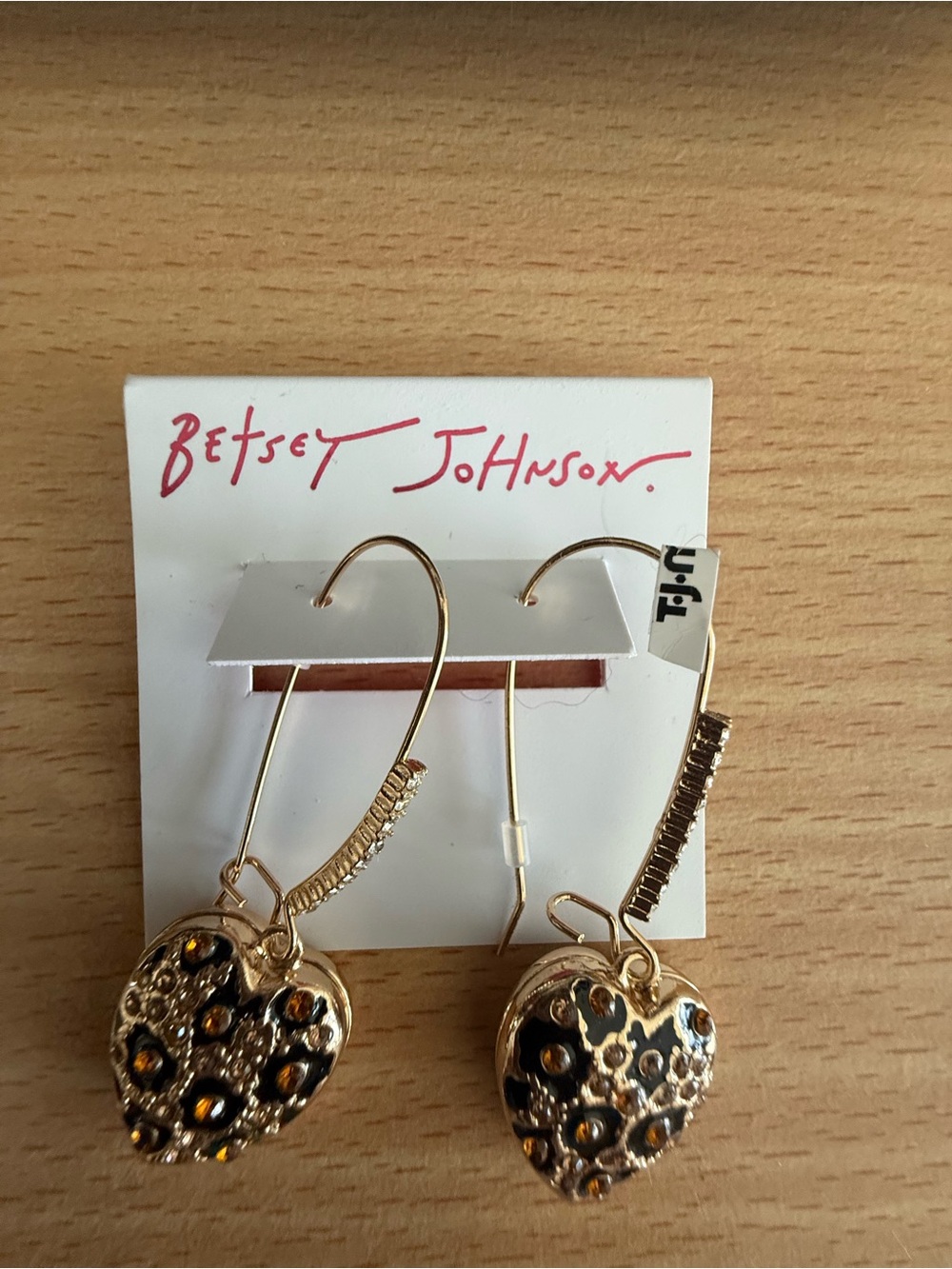 Betsey Johnson Gold Heart Earrings with Black and Amber Accents